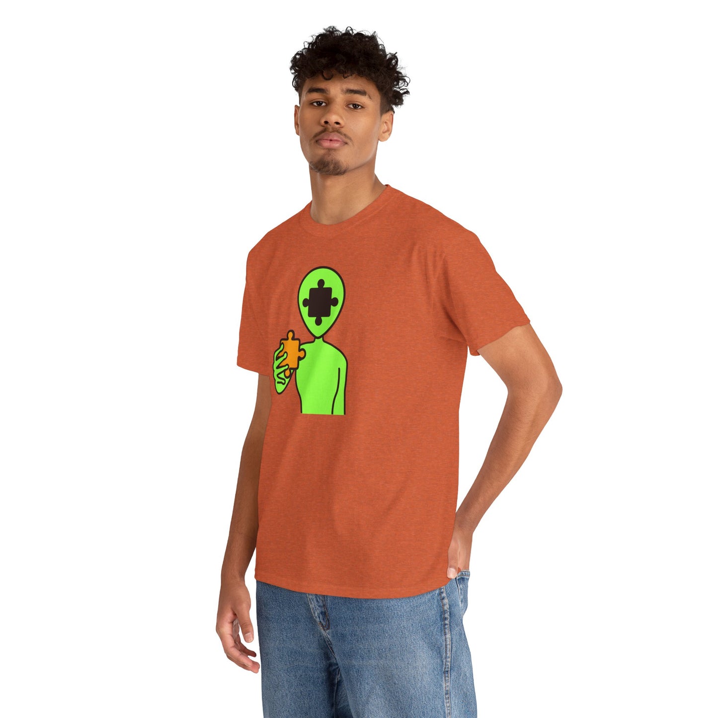 Alien Puzzle Piece T-Shirt – Clean Cosmic Design – Unisex Heavy Cotton Shirt for Life’s Mysteries