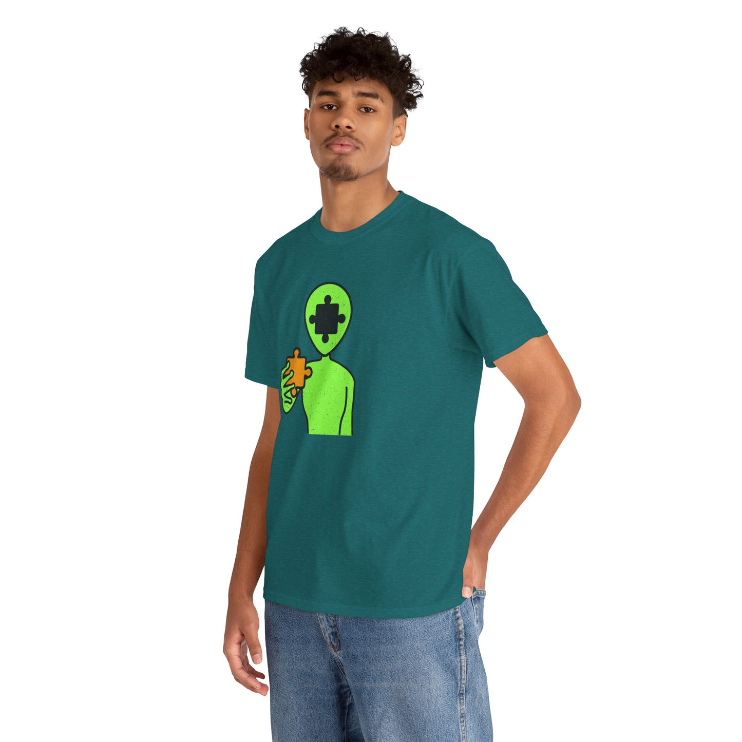 Alien Puzzle Piece T-Shirt – Distressed Cosmic Design – Unisex Heavy Cotton Shirt for Life’s Mysteries