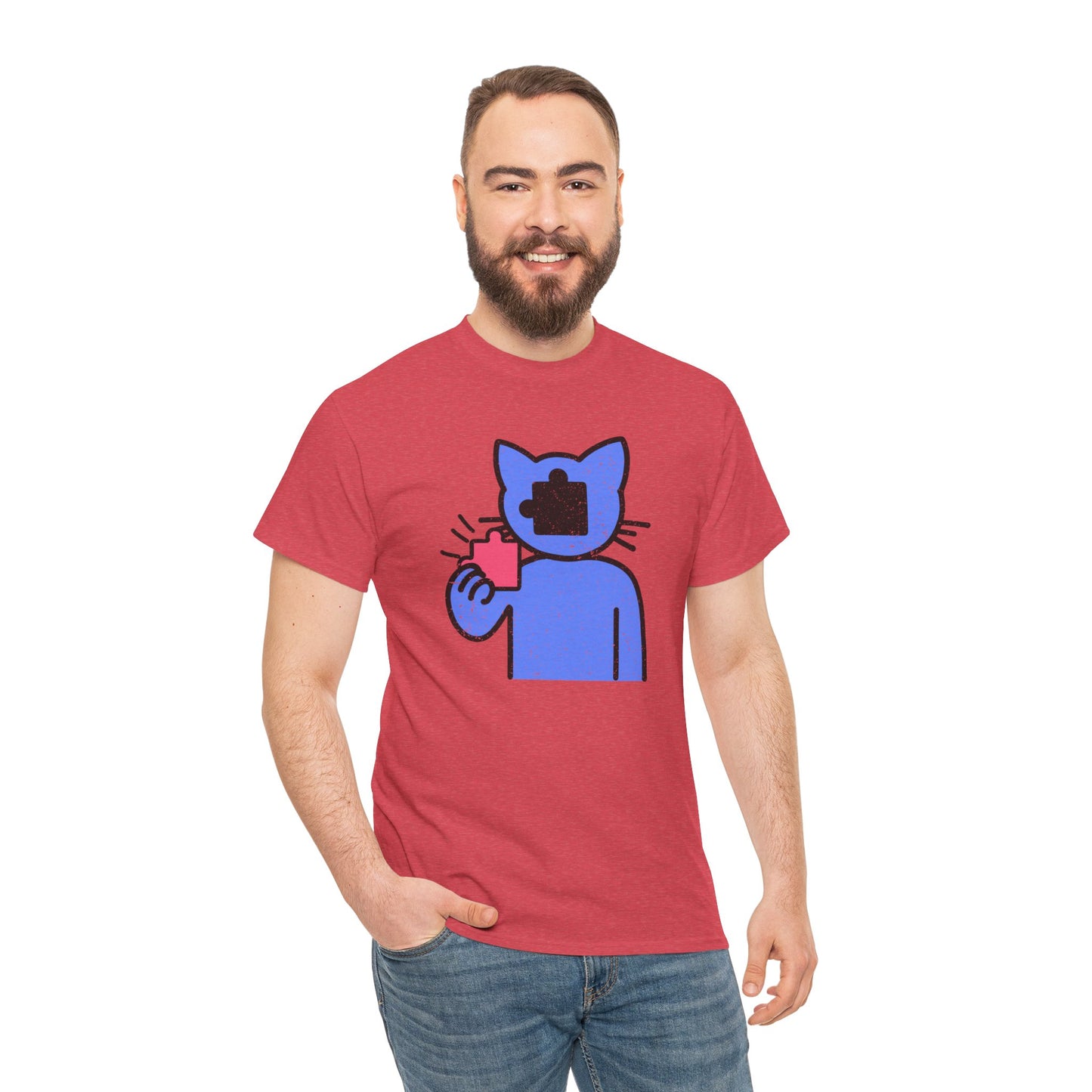 Cat Puzzle Piece T-Shirt – Life’s Epic Journey Distressed Graphic Tee – Unisex Heavy Cotton Shirt – Mix & Match to Create Your Own Unique Style