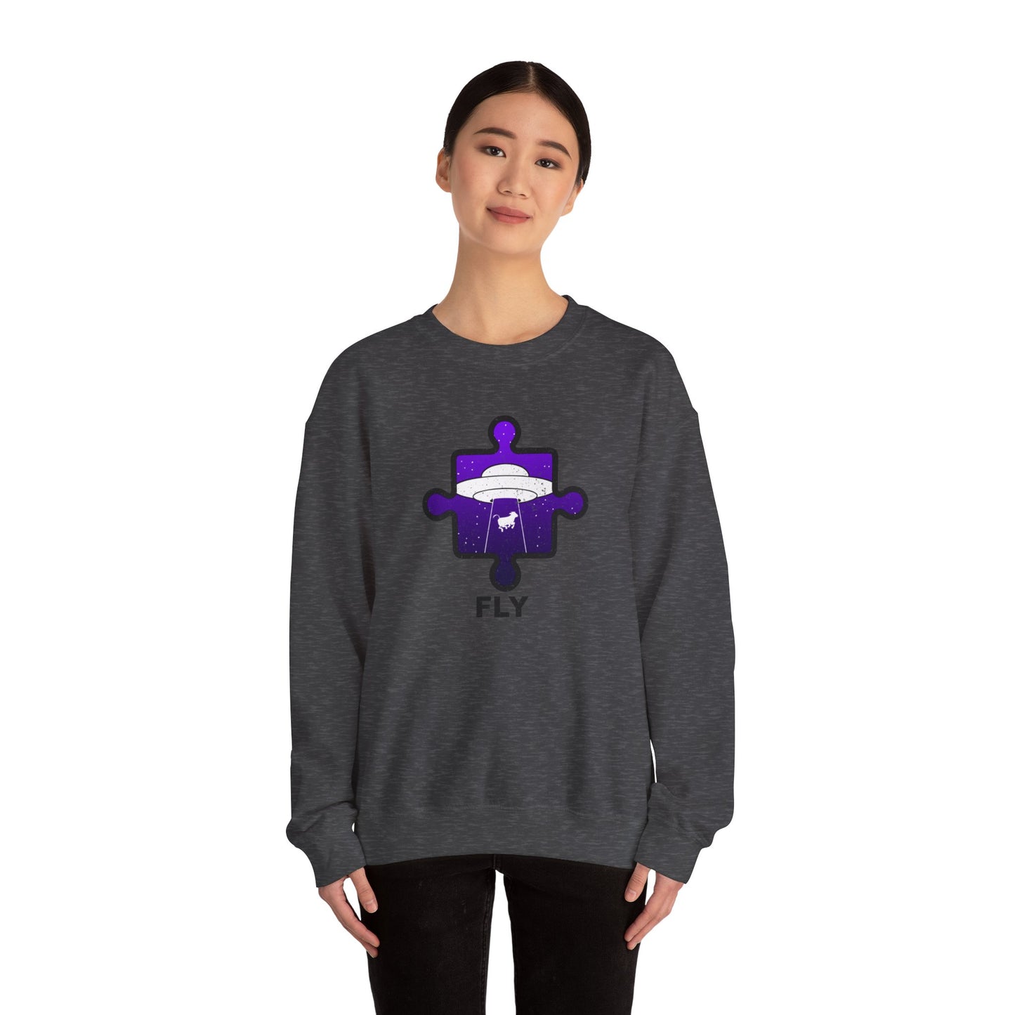 Distressed Crewneck Sweatshirt – Cow & UFO Puzzle Piece with ‘Fly’ Theme