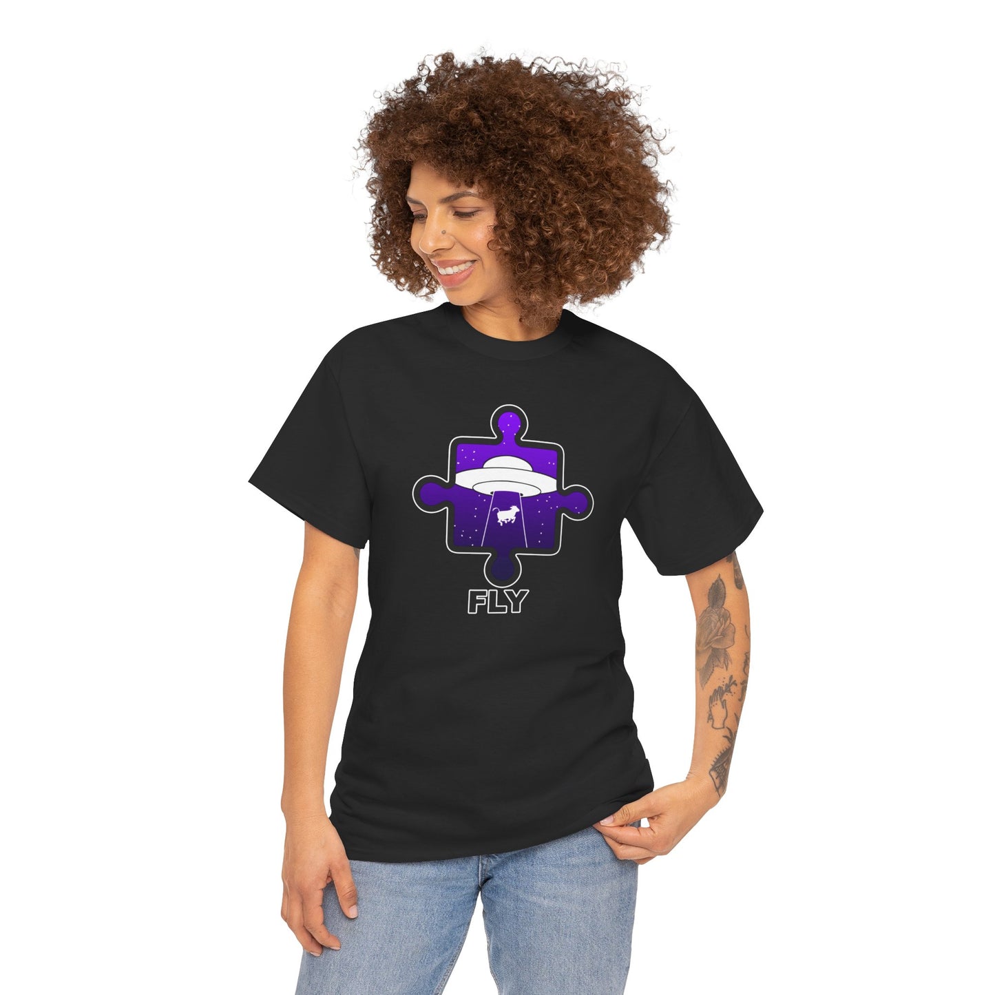 UFO Cow Abduction Puzzle Piece T-Shirt – ‘Fly’ Graphic Tee – Non-Distressed Design