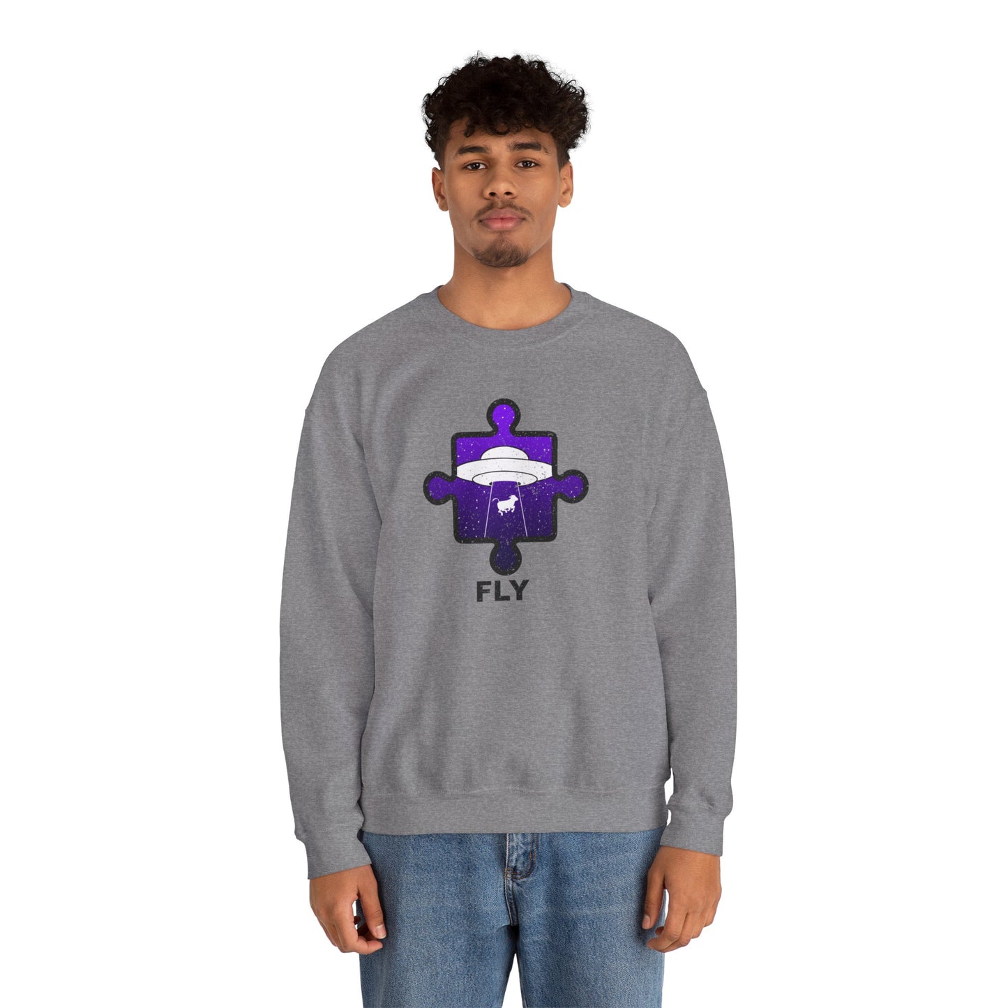 Distressed Crewneck Sweatshirt – Cow & UFO Puzzle Piece with ‘Fly’ Theme