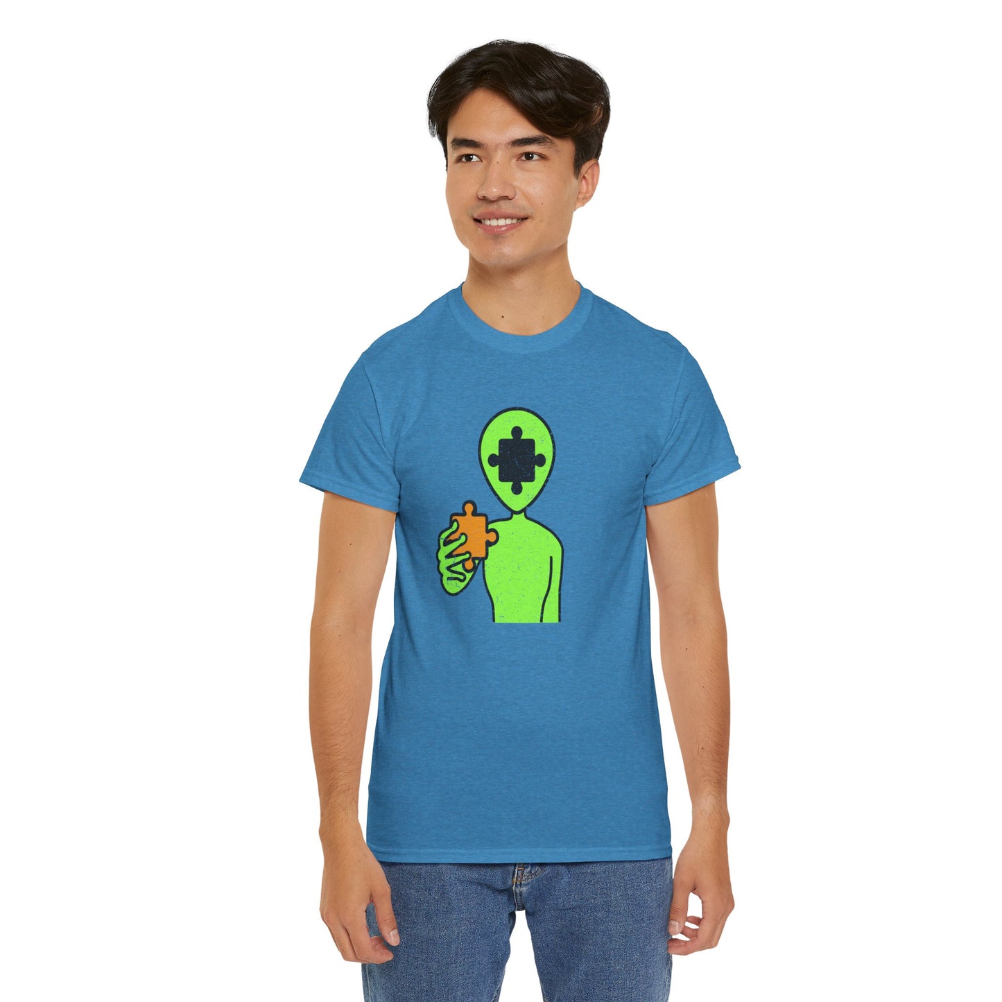 Alien Puzzle Piece T-Shirt – Distressed Cosmic Design – Unisex Heavy Cotton Shirt for Life’s Mysteries