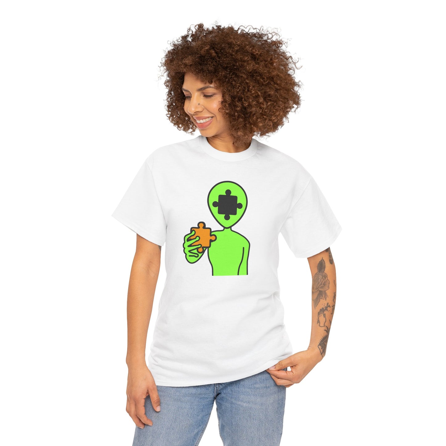 Alien Puzzle Piece T-Shirt – Clean Cosmic Design – Unisex Heavy Cotton Shirt for Life’s Mysteries