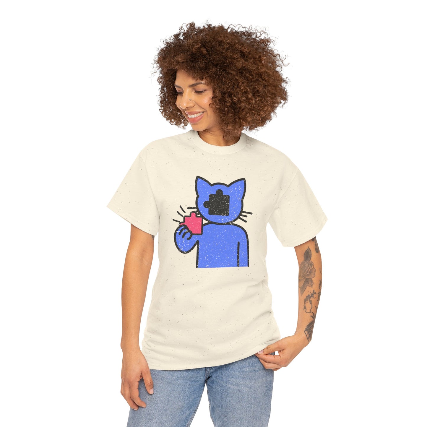 Cat Puzzle Piece T-Shirt – Life’s Epic Journey Distressed Graphic Tee – Unisex Heavy Cotton Shirt – Mix & Match to Create Your Own Unique Style