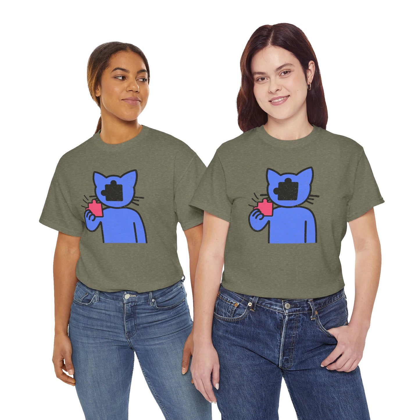 Cat Puzzle Piece T-Shirt – Life’s Epic Journey Distressed Graphic Tee – Unisex Heavy Cotton Shirt – Mix & Match to Create Your Own Unique Style