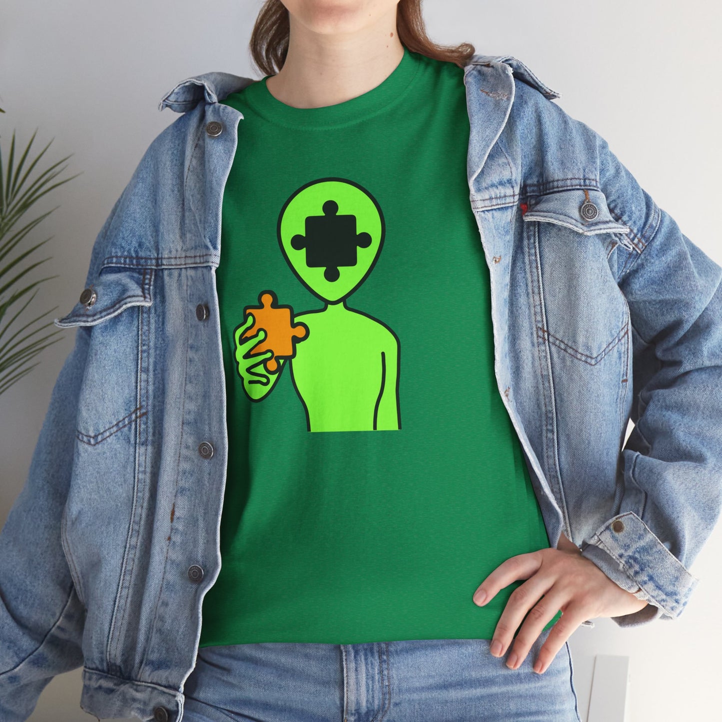 Alien Puzzle Piece T-Shirt – Clean Cosmic Design – Unisex Heavy Cotton Shirt for Life’s Mysteries