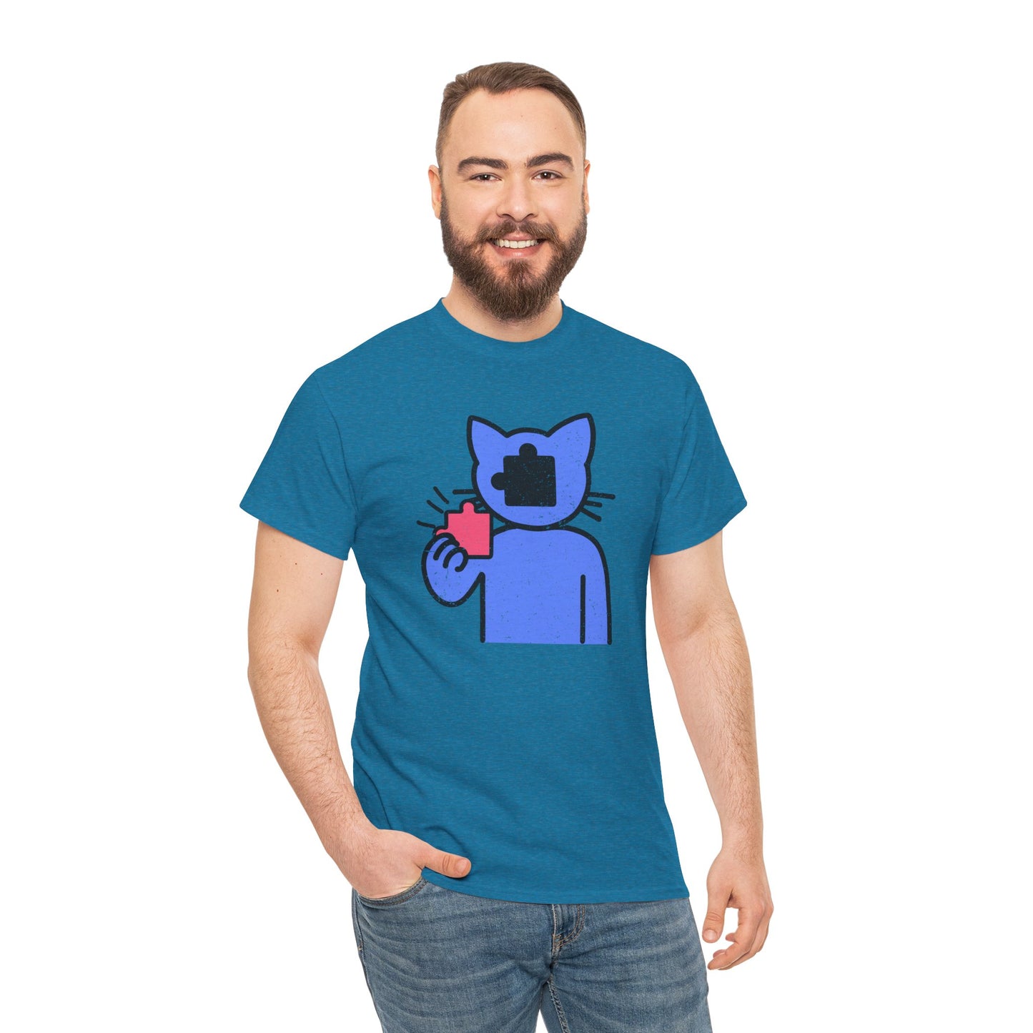 Cat Puzzle Piece T-Shirt – Life’s Epic Journey Distressed Graphic Tee – Unisex Heavy Cotton Shirt – Mix & Match to Create Your Own Unique Style