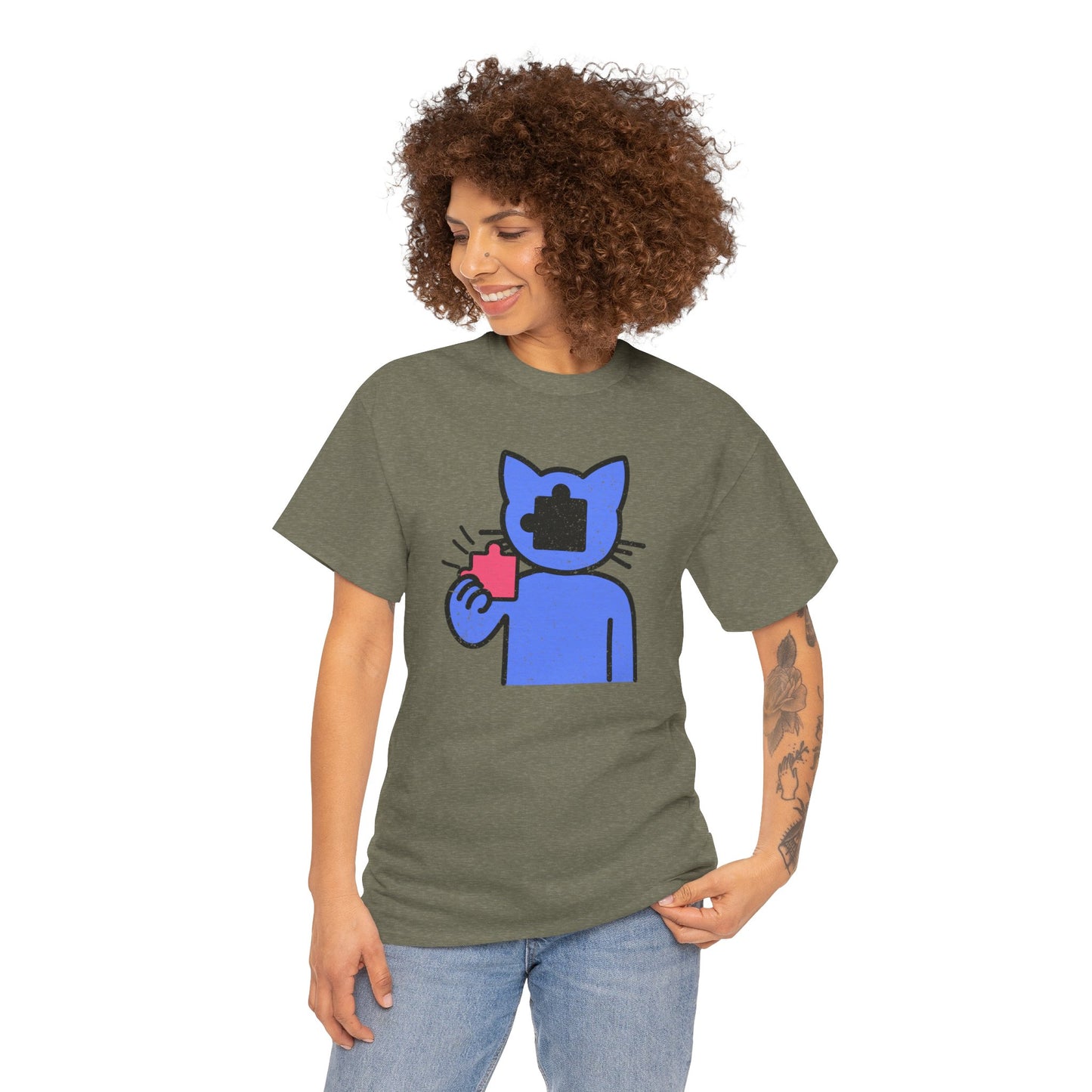 Cat Puzzle Piece T-Shirt – Life’s Epic Journey Distressed Graphic Tee – Unisex Heavy Cotton Shirt – Mix & Match to Create Your Own Unique Style