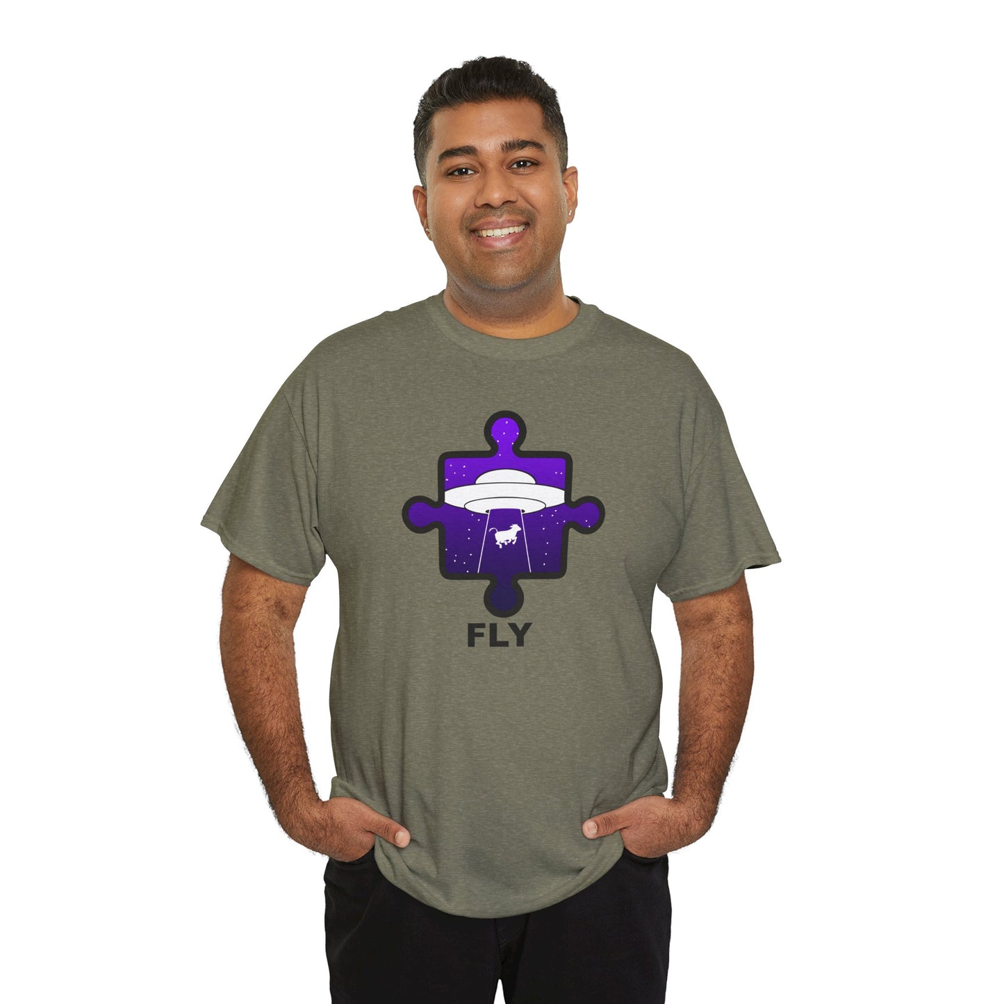 UFO Cow Abduction Puzzle Piece T-Shirt – ‘Fly’ Graphic Tee – Non-Distressed Design