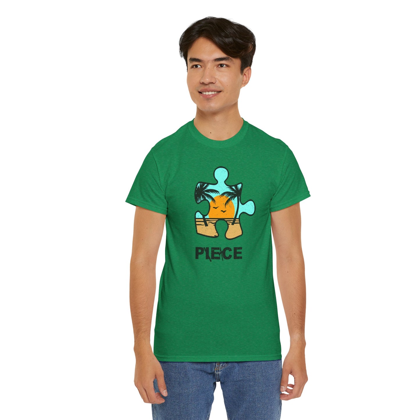 Peace Puzzle Piece T-Shirt – Distressed Beach Graphic Tee – Unisex Heavy Cotton Shirt for Tranquil Vibes