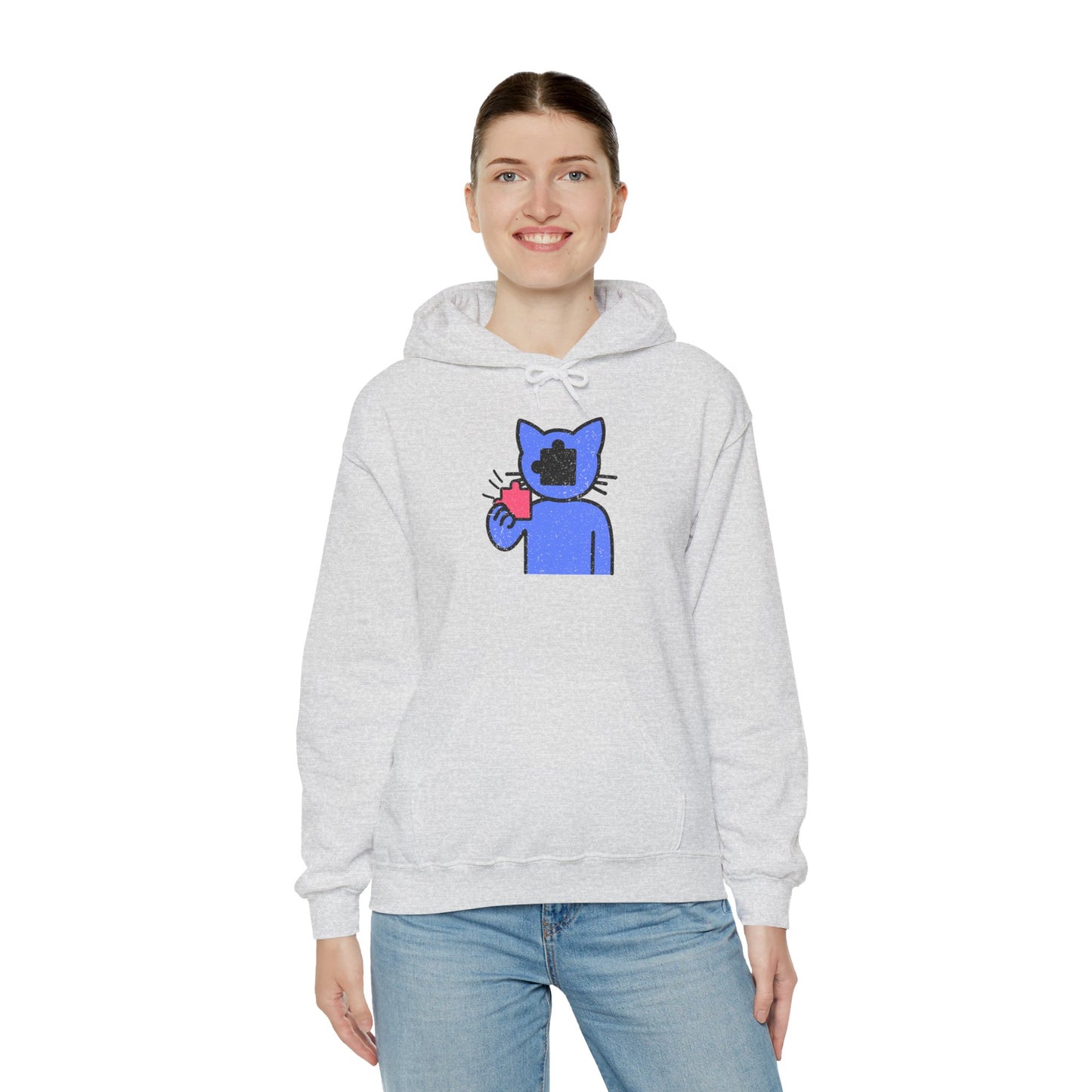 Cat Puzzle Piece Hoodie – Distressed Graphic Pullover – Cozy Unisex Hooded Sweatshirt for Puzzle Lovers