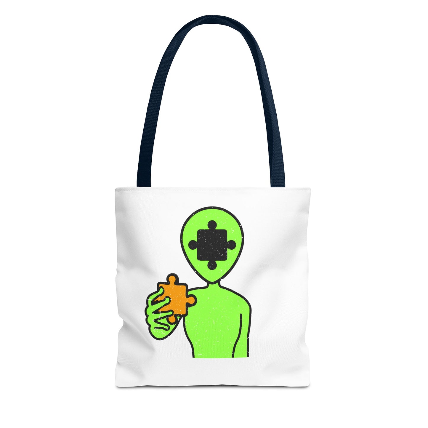 Distressed Tote Bag – Alien Puzzle Piece & Cow Abduction Design with ‘Fly’ Theme