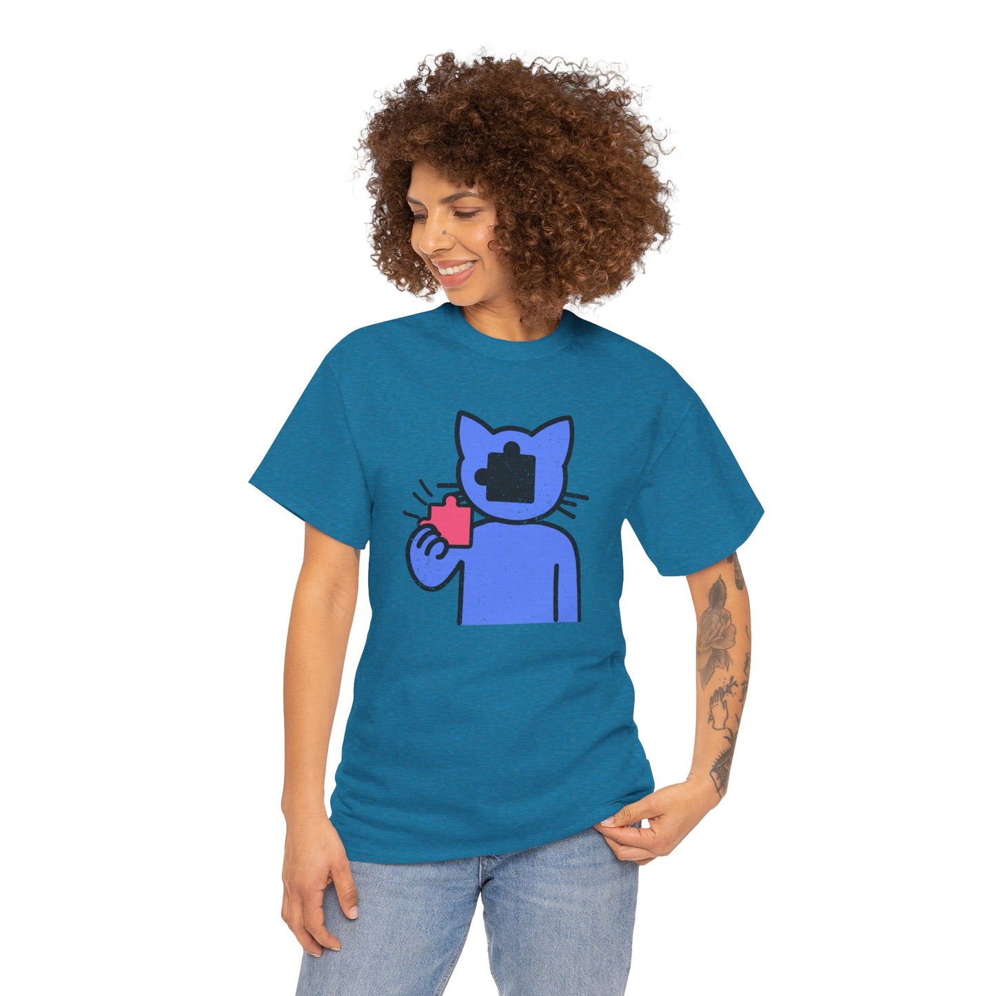 Cat Puzzle Piece T-Shirt – Life’s Epic Journey Distressed Graphic Tee – Unisex Heavy Cotton Shirt – Mix & Match to Create Your Own Unique Style