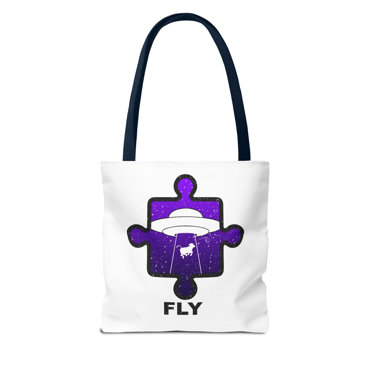 Distressed Tote Bag – Alien Puzzle Piece & Cow Abduction Design with ‘Fly’ Theme