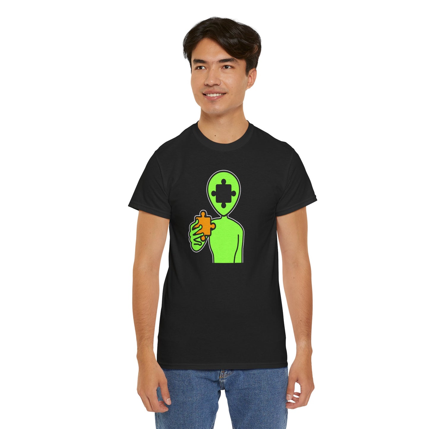 Alien Puzzle Piece T-Shirt – Clean Cosmic Design – Unisex Heavy Cotton Shirt for Life’s Mysteries