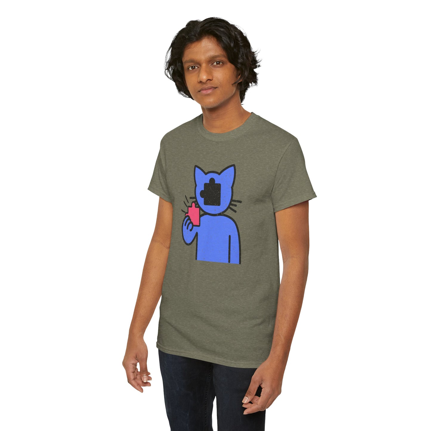 Cat Puzzle Piece T-Shirt – Life’s Epic Journey Distressed Graphic Tee – Unisex Heavy Cotton Shirt – Mix & Match to Create Your Own Unique Style