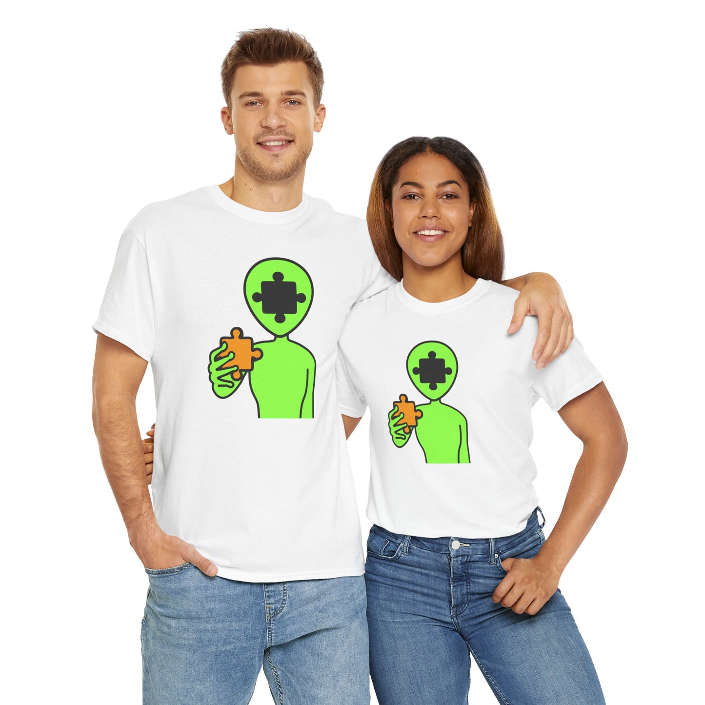 Alien Puzzle Piece T-Shirt – Clean Cosmic Design – Unisex Heavy Cotton Shirt for Life’s Mysteries