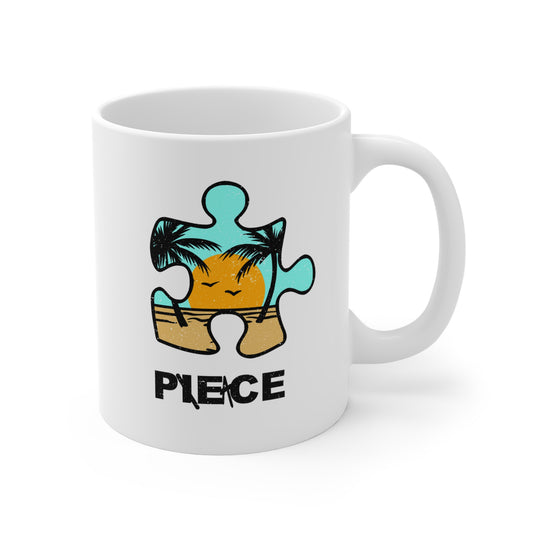 Peace Puzzle Piece Mug – Sunny Beach Design – White Ceramic Coffee Cup for Tranquil Moments