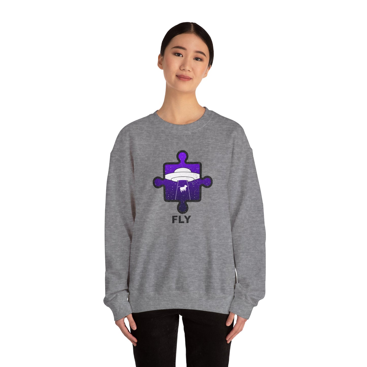 Distressed Crewneck Sweatshirt – Cow & UFO Puzzle Piece with ‘Fly’ Theme