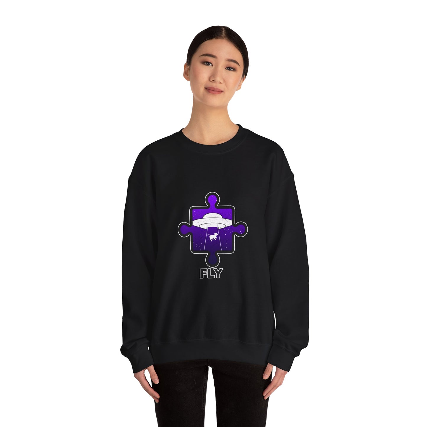 Distressed Crewneck Sweatshirt – Cow & UFO Puzzle Piece with ‘Fly’ Theme