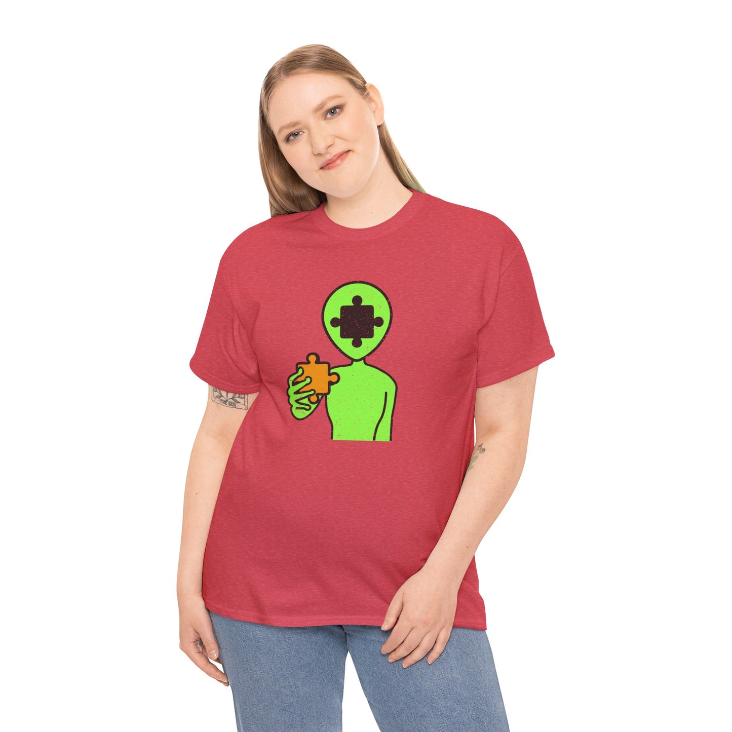 Alien Puzzle Piece T-Shirt – Distressed Cosmic Design – Unisex Heavy Cotton Shirt for Life’s Mysteries