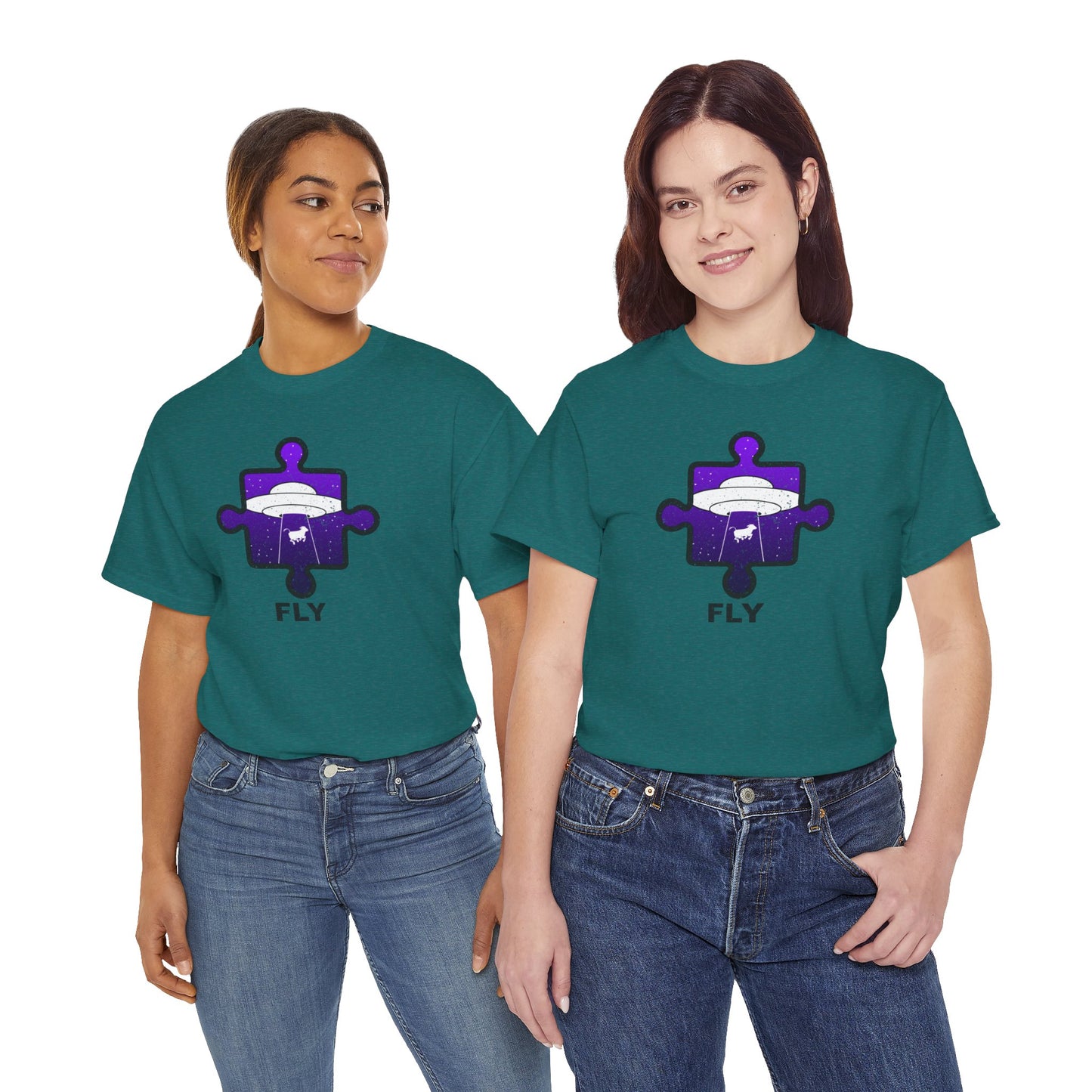 UFO Cow Abduction T-Shirt – ‘Fly’ Puzzle Piece Graphic Tee – Unisex Heavy Cotton Shirt Distressed Design