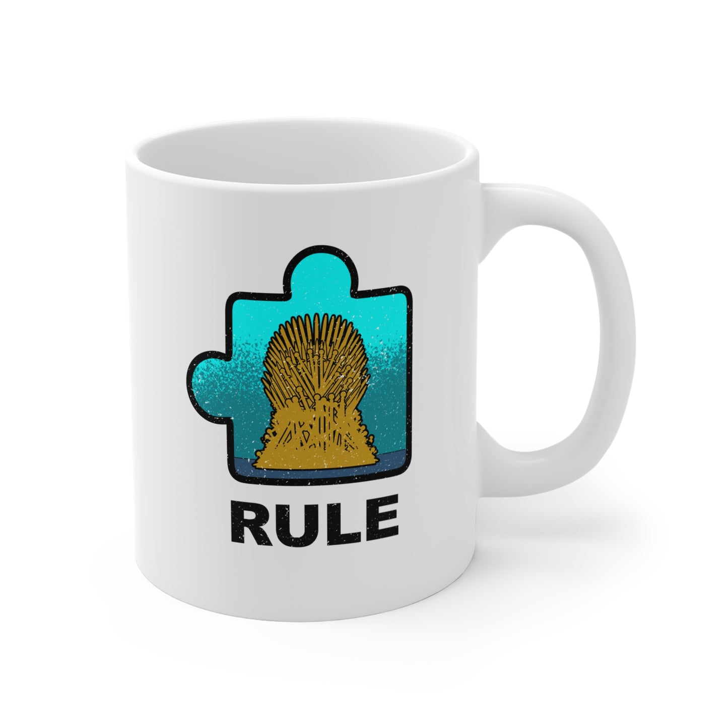 Throne Puzzle Piece Mug in Distressed Style – ‘Rule’ Graphic Ceramic Cup – 11oz