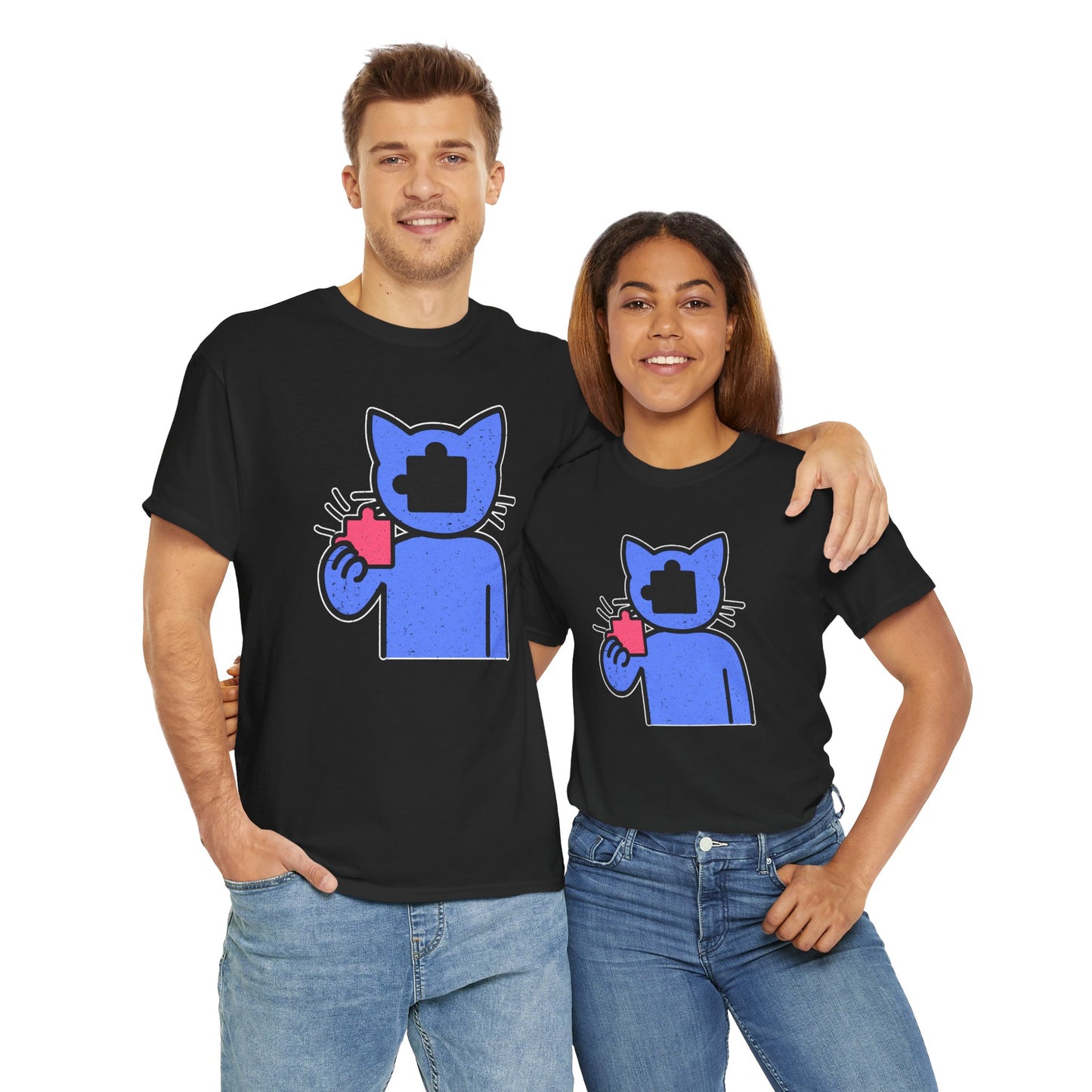 Cat Puzzle Piece T-Shirt – Life’s Epic Journey Distressed Graphic Tee – Unisex Heavy Cotton Shirt – Mix & Match to Create Your Own Unique Style