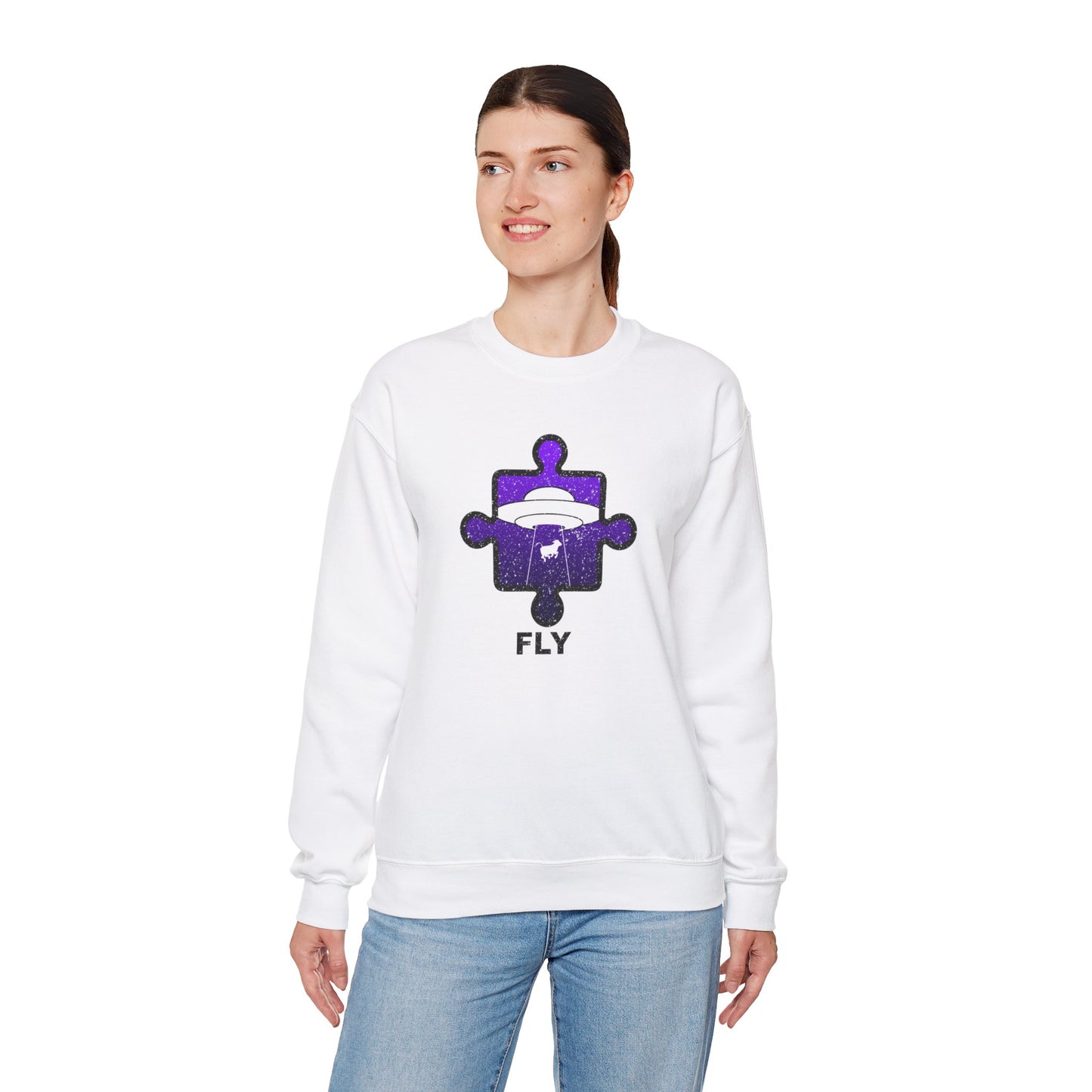 Distressed Crewneck Sweatshirt – Cow & UFO Puzzle Piece with ‘Fly’ Theme