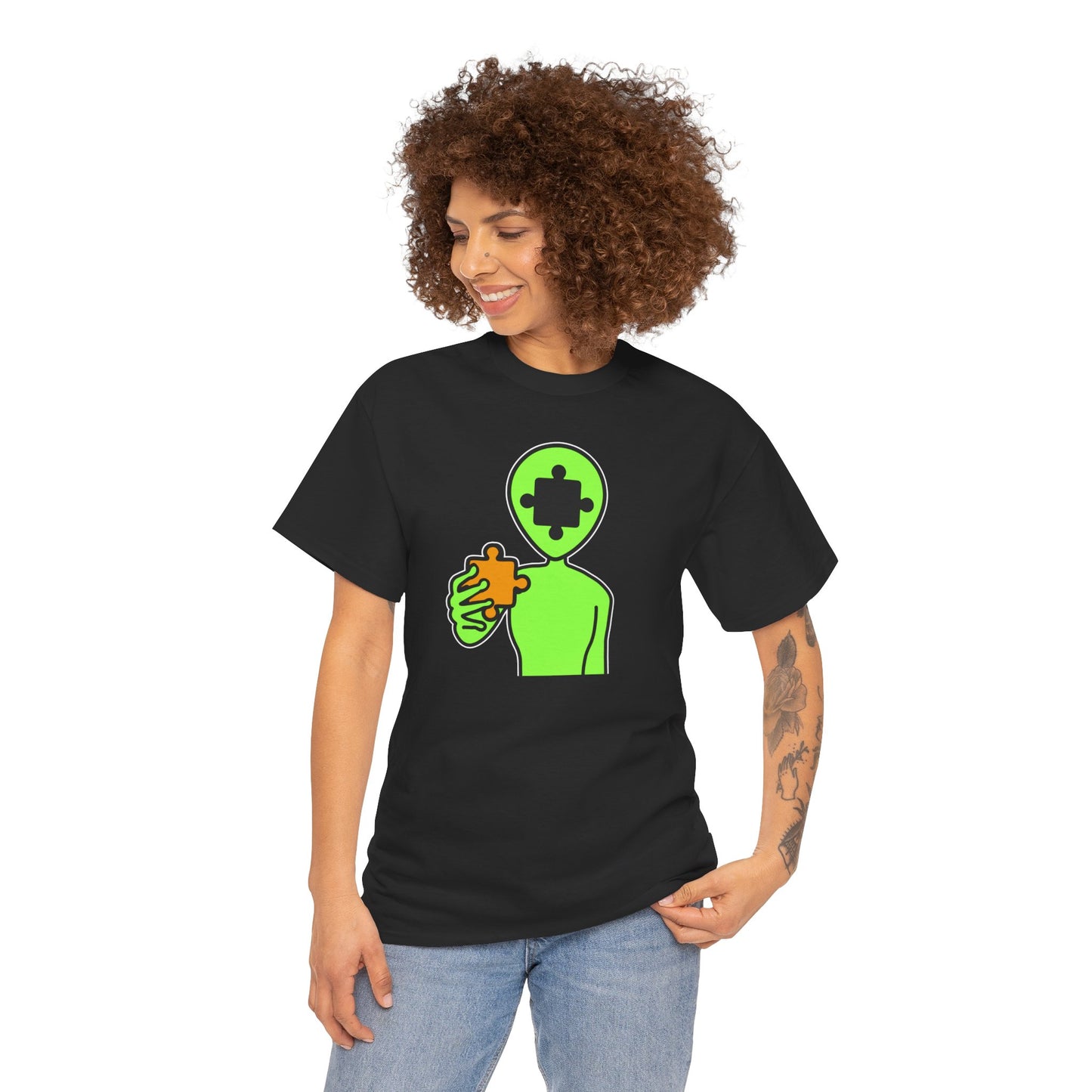 Alien Puzzle Piece T-Shirt – Clean Cosmic Design – Unisex Heavy Cotton Shirt for Life’s Mysteries