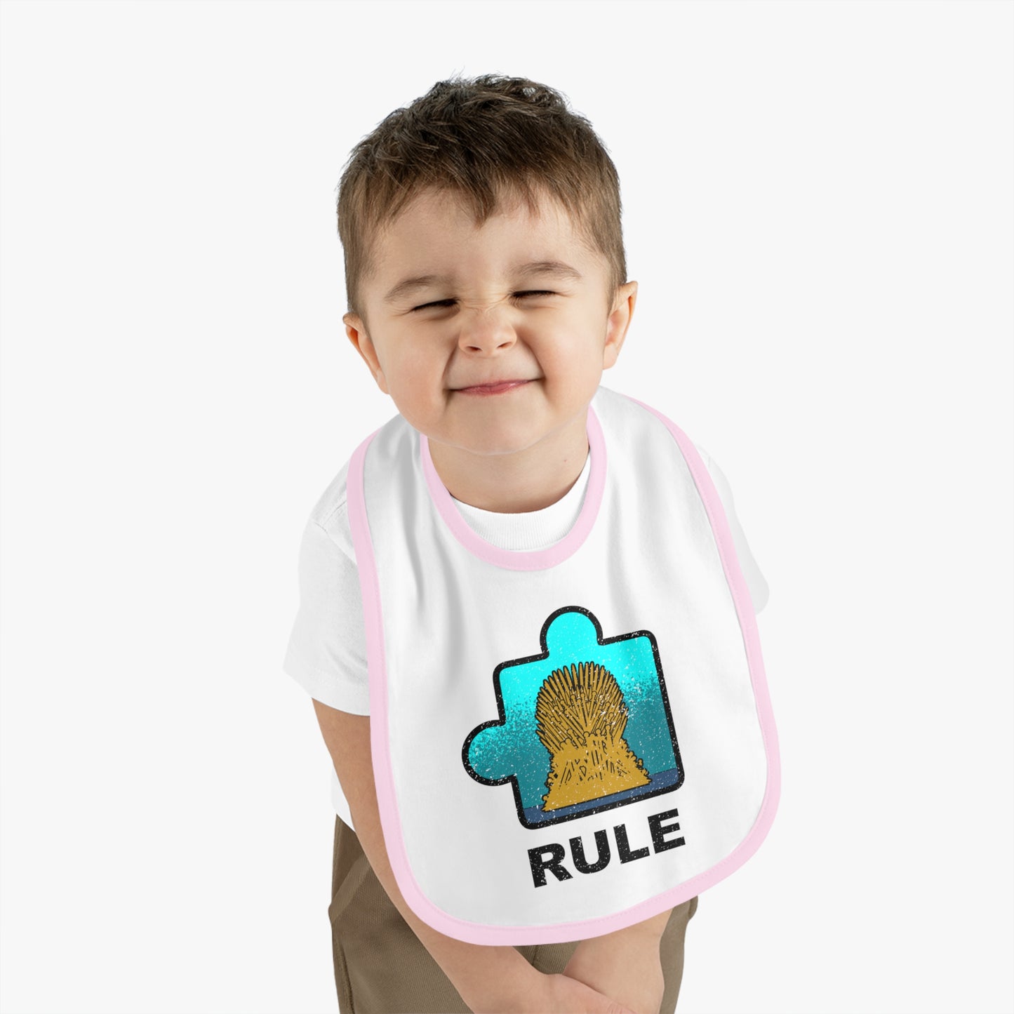 Rule Baby Bib – Puzzle Piece Design with Distressed Look – Soft Contrast Trim Jersey Bib