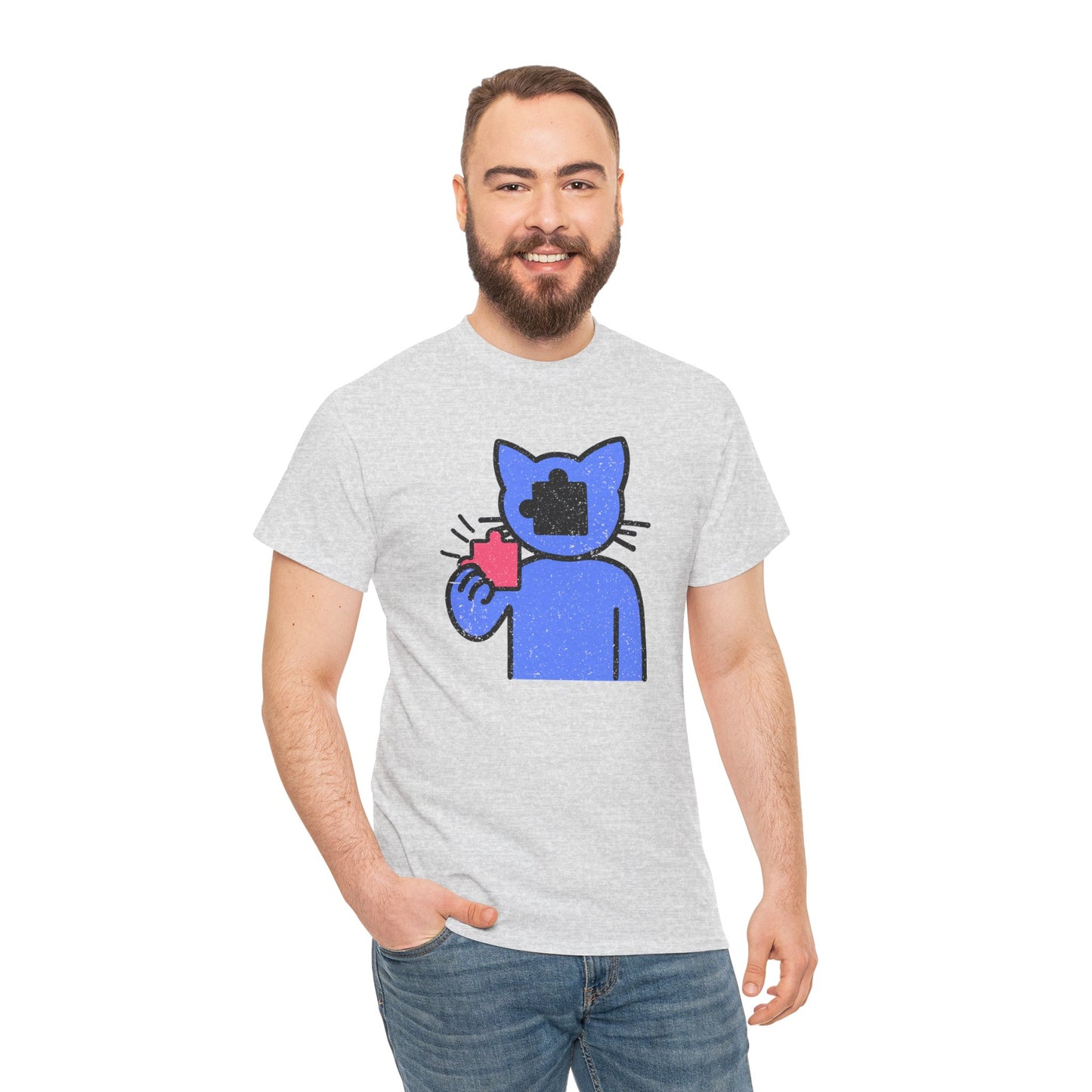 Cat Puzzle Piece T-Shirt – Life’s Epic Journey Distressed Graphic Tee – Unisex Heavy Cotton Shirt – Mix & Match to Create Your Own Unique Style