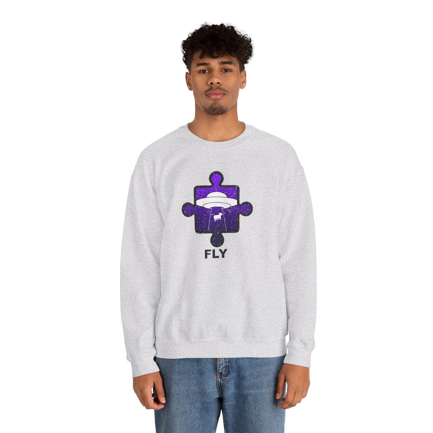 Distressed Crewneck Sweatshirt – Cow & UFO Puzzle Piece with ‘Fly’ Theme