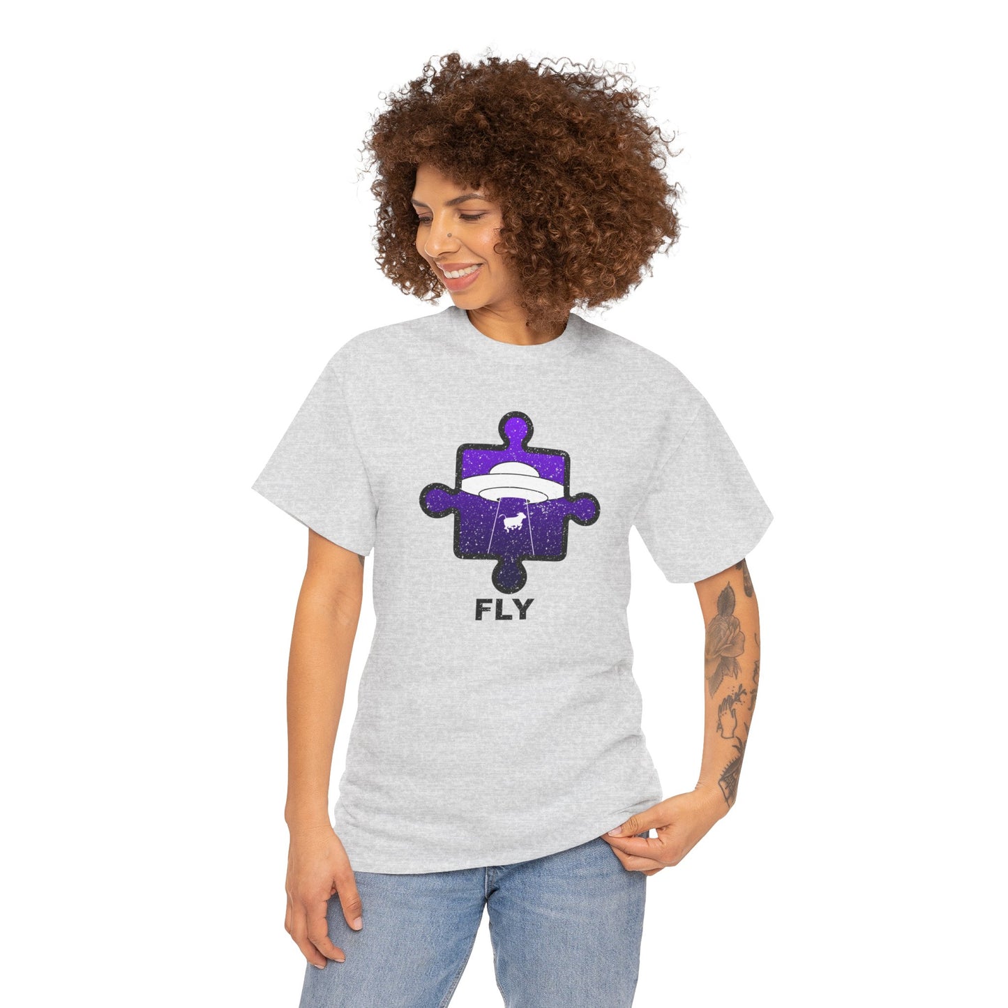 UFO Cow Abduction T-Shirt – ‘Fly’ Puzzle Piece Graphic Tee – Unisex Heavy Cotton Shirt Distressed Design